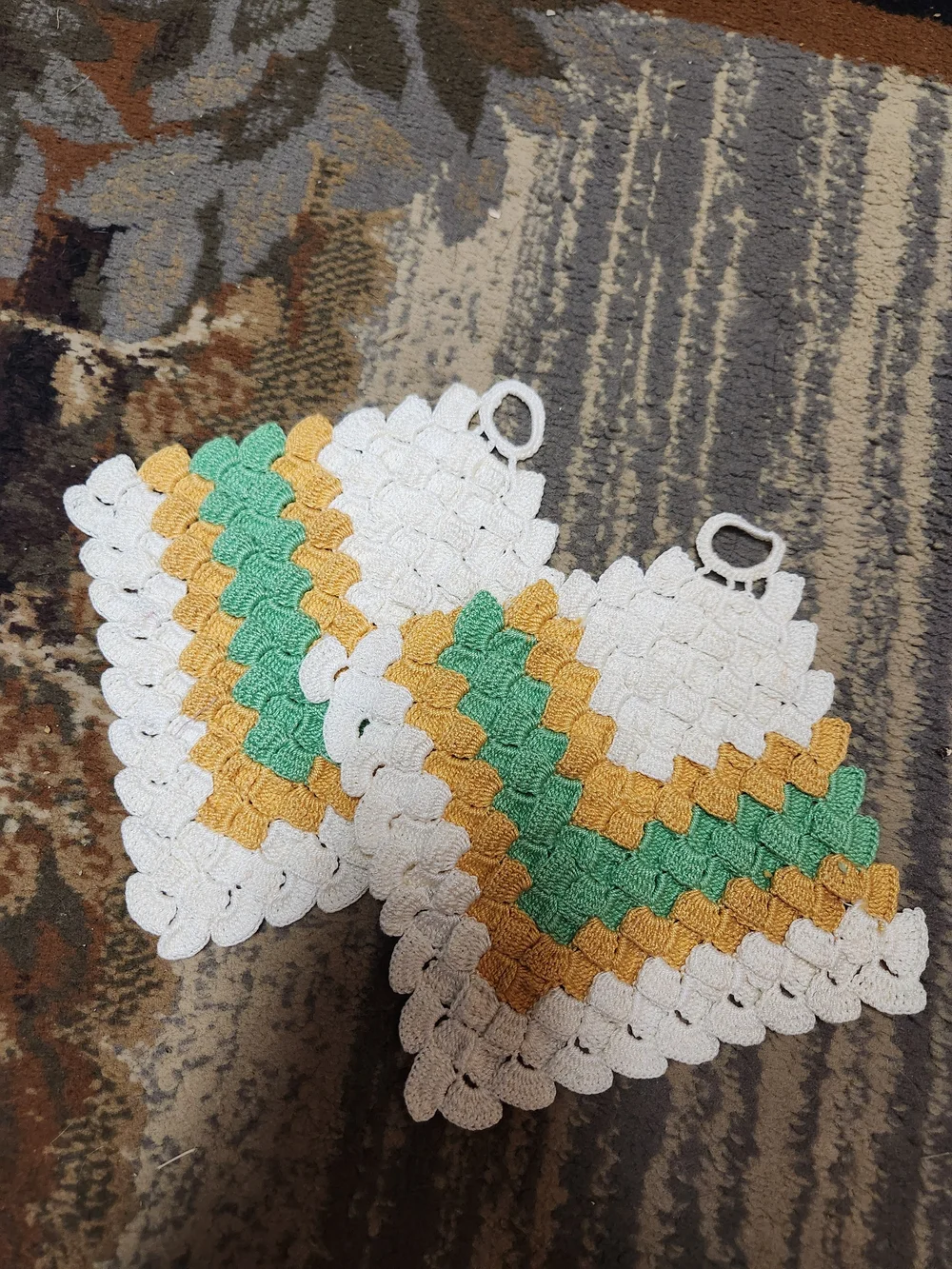 Handmade White, Yellow & Green Crochet Pot Holders - Set of 2